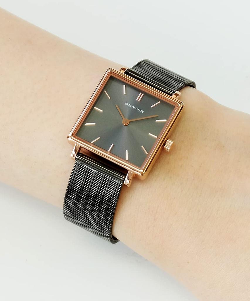 BERING Square Quartz Grey x Rose Stainless Mesh Official Internal Sapphire Scratch Shatter Resistant Ladies' Watch, Gold, Steel, Strap, 18226-369,