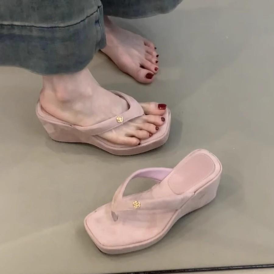 Soft Leather Version~ Thick Bottom Heightening Flip-flops Women Wear Small Fragrant Wind Toe High Heel Cool Slippers Casual Beach Slippers