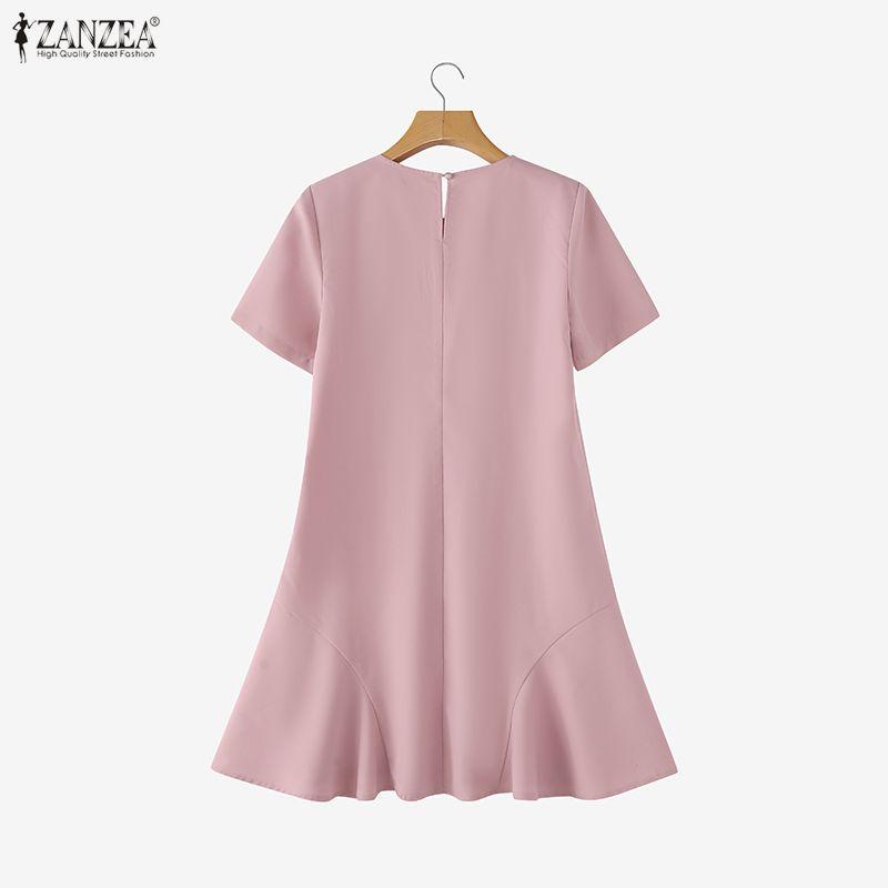 ZANZEA Summer Women Casual Round Neck Solid Color Short Sleeve Mini Dress
