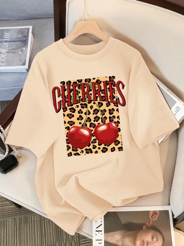 Leopard Kirsche Leopardenmuster Kreatives Design Damen T-Shirts Lässiges T-Shirt Sommer Rundhals Streetwear Weich Kurzarm