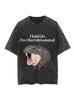 Black Retro Washed Vintage Design Dark Moo Deng Hippopotamus Print Tshirt Fashionable Trend Tshirts