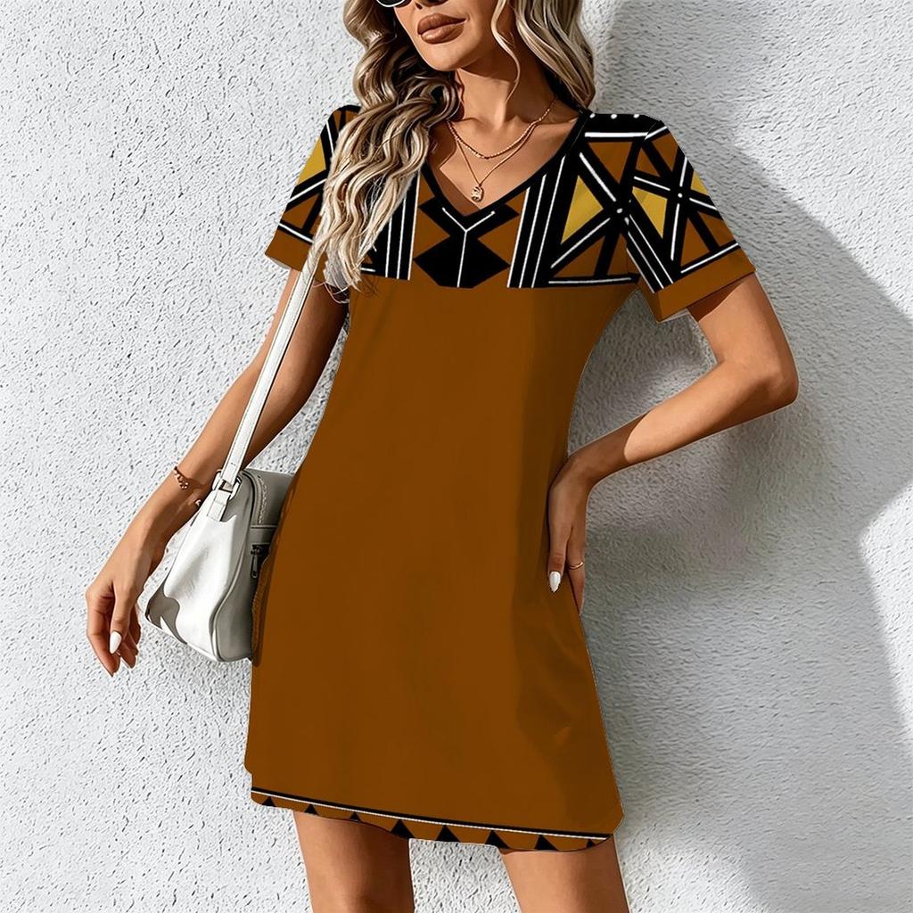 Mode d'été pour femmes Robe à col en V à manches courtes avec imprimé géométrique rétro Jupe courte sexy Robes