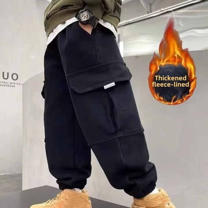 Winter Kids Fleece-lined Cargo Pants Casual Trousers for Boys High-quality Children's Wear Trendy