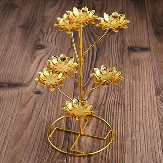 Buddhist Ghee Lamp Holder - Seven Stars Oil Lamp with Lotus Design for Temple Offerings and Everlasting Candle Display.