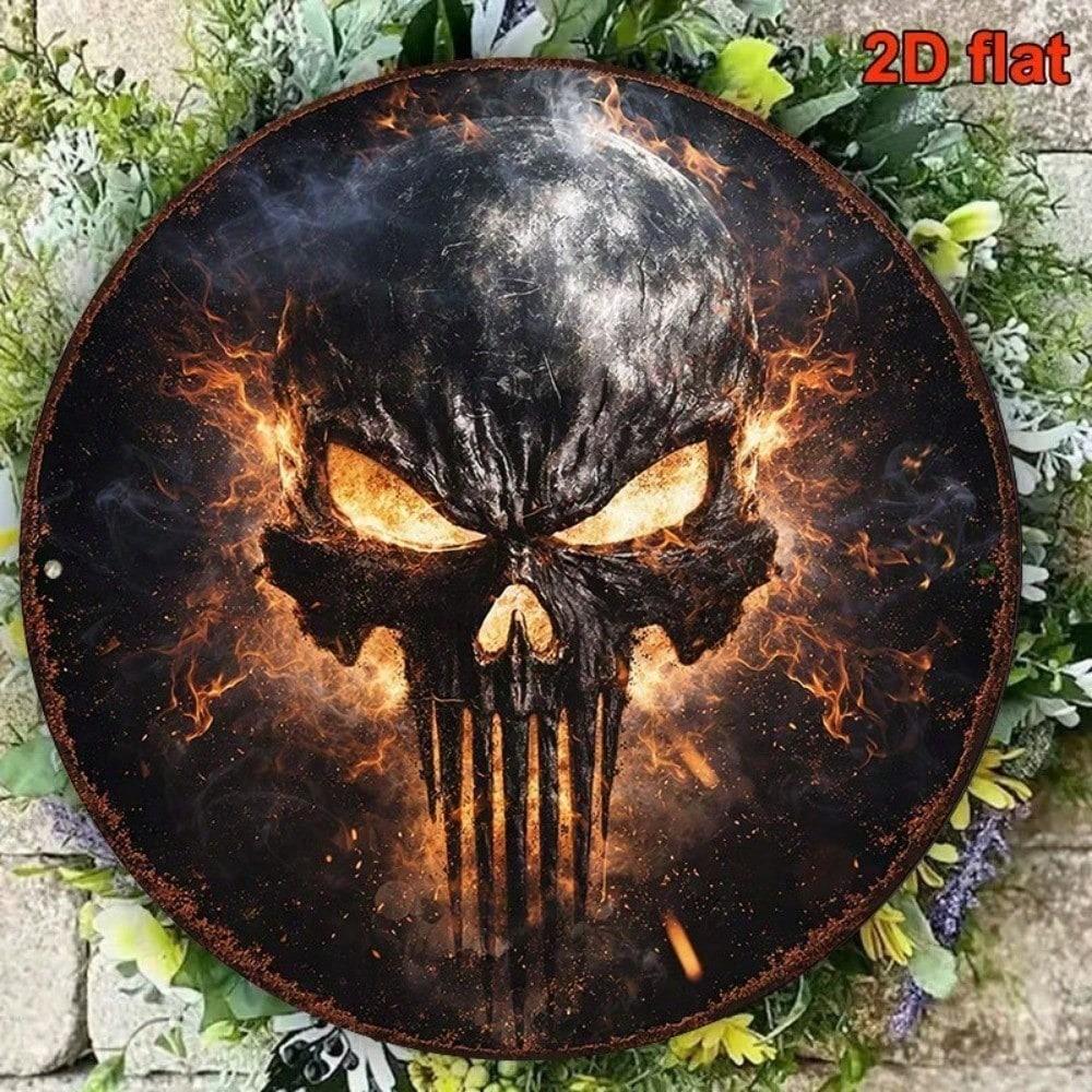 1pc Vintage Punisher Skull Flame 2D Flat Round Sign 8x8in, Unique Wall Art Plaque for Bar Game Room Garage Man Cave