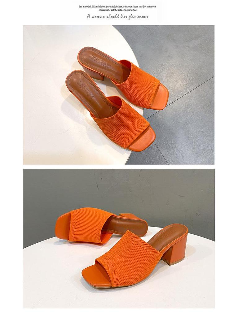 2024 Women's Fashion Chunky Heel Knit Wool Square Toe Sandals & Slippers
