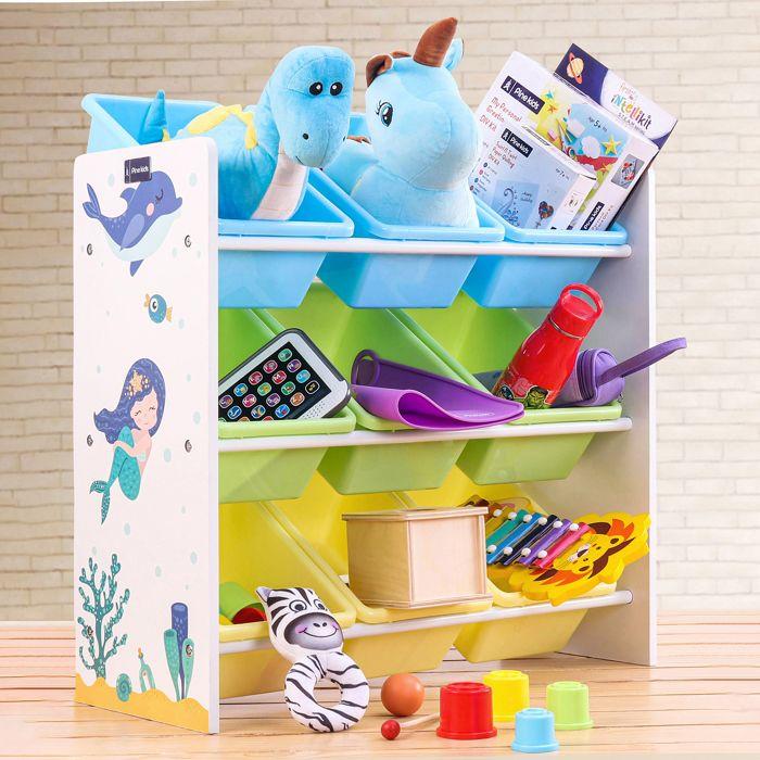 GINGER HOME – Organiseur jouets enfant 9 bacs plastiques, MDF/métal, motif Sirène, 62,3×26,5×60 cm