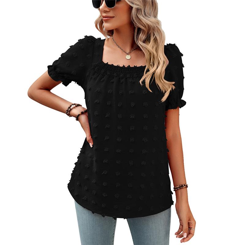 Women Summer Square Collar Short Sleeve Blouses Solid Loose Elegant Shirts Casual Streetwear Tunic Tops 2025