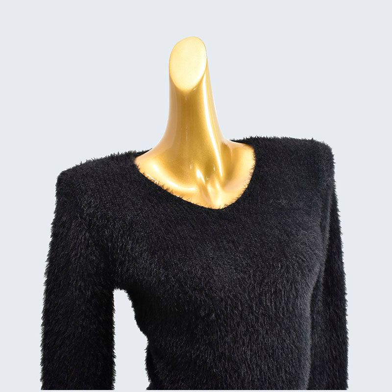 Autumn and Winter V-neck Short Long Sleeve Solid Knitted Faux Mink Velvet Pullover Top Women Clothes High Waist Bottoming Shirt