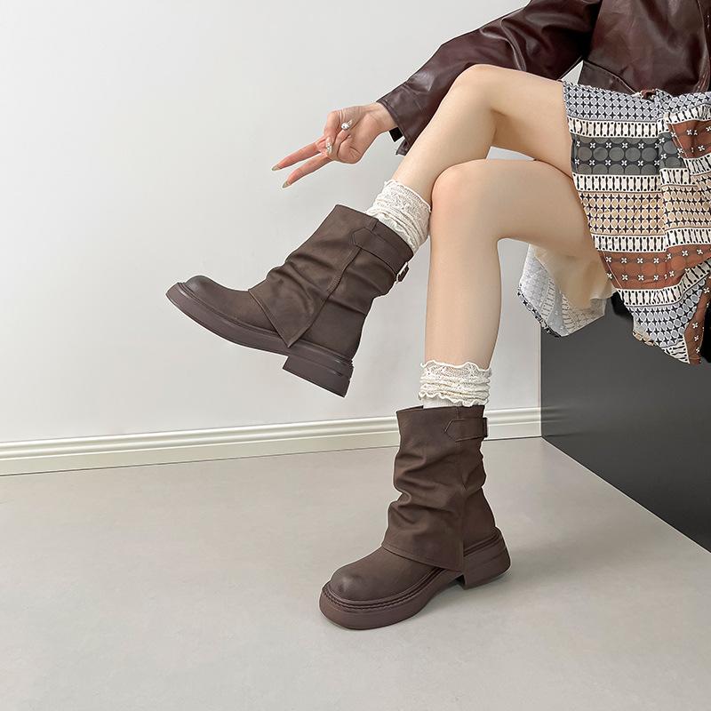 Korean British Style Platform Martin Boots Women's 2025 Autumn and Winter New Stacking Boots Round Head Thick Heel Trouser Tube Boots Short