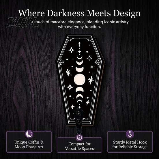 Entrance Hall Storage Halloween Gothic Wooden Wall Hook with Moon Star Skeleton Patterns, Decorative Retro Key Hanger for Bedroom Accessory