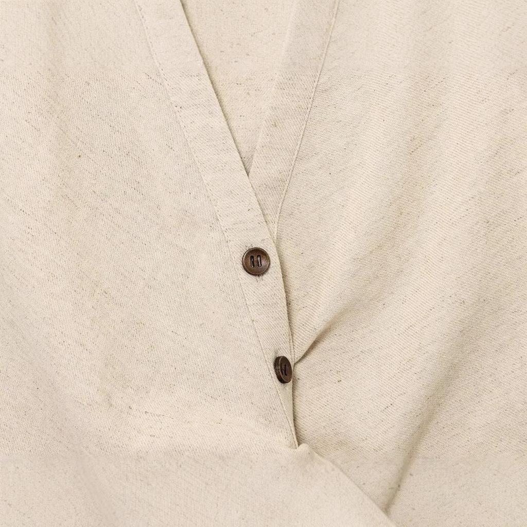 2025 Summer Women's Linen Set: Short Top with Buckle Detail & Midi Skirt