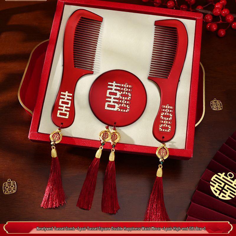 Elegant Bridal Gift Set: High-End Red Wedding Dowry with Mirror and Comb for Mother-in-Law
