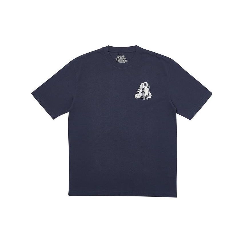 Palace U Figure Cartoon Print Round Neck Short Sleeve T-Shirt Unisex Tops Navy-Blue P17TS107