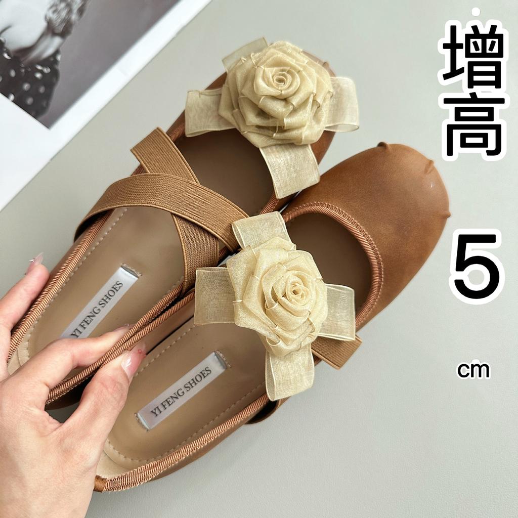 Height Increase 5cm Camellia Cross with Pig Nose Ballet Shoes Women Wear French Versatile Round Head Soft Sole Princess Shoes