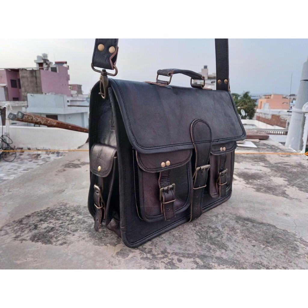 Männer Schwarz Vintage Leder Aktentasche Tasche Laptop Reise Messenger Tasche Business