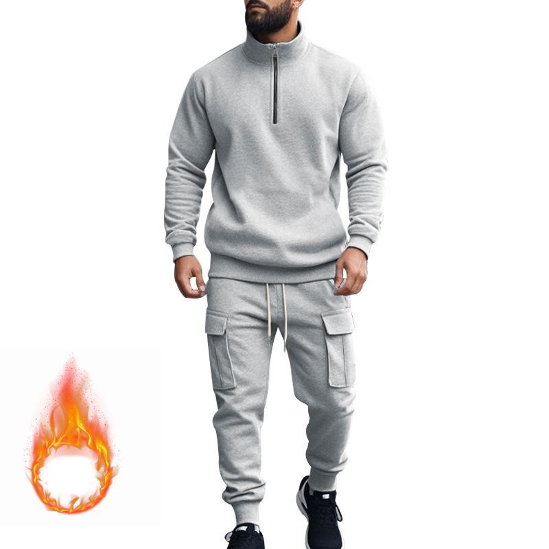 Autumn and Winter Men's Casual Velvet Warm Zipper Sports Trousers Set