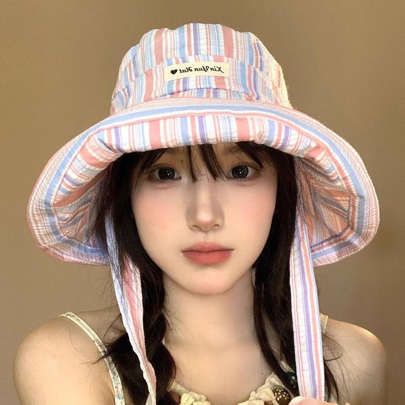 Chapeau Bob à Carreaux à Bord Large et Lacets Été Extérieur Polyvalent Crème Solaire Doux Couleur Contrastée Carreaux Casquettes pour Femmes