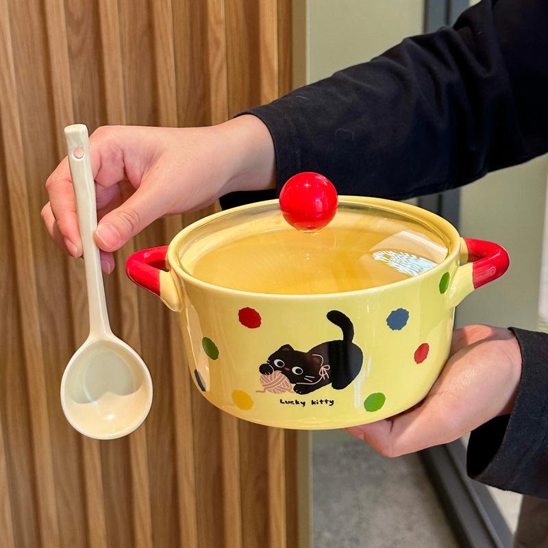Cute Polka Dot Cat Instant Noodle Bowl Fruit Salad Dessert Bowl Student Dormitory Instant Noodle Bowl Girl Birthday Gift