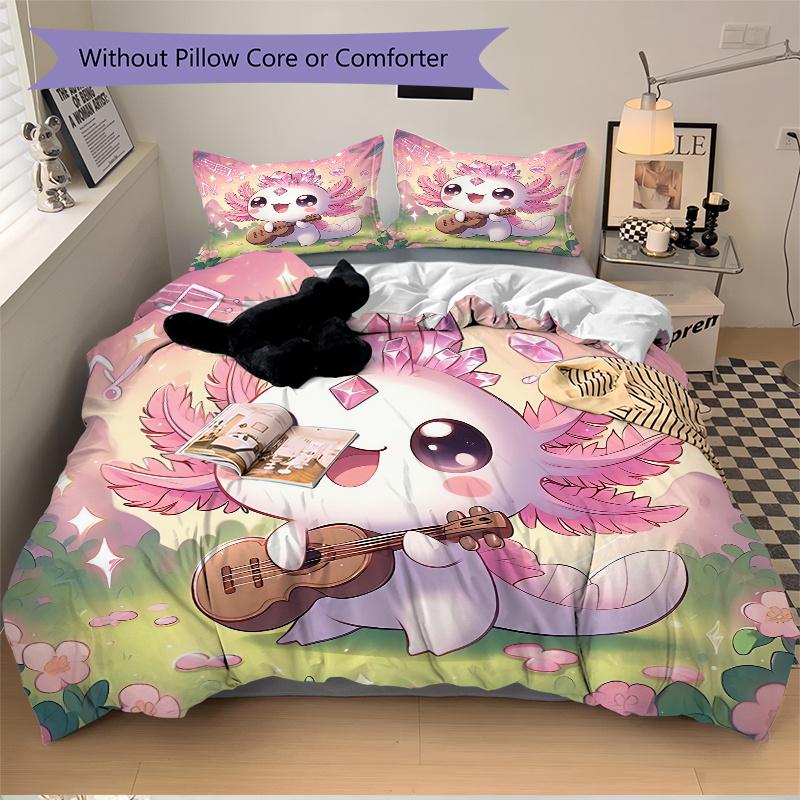 3pcs Cute Axolotl Playing Guitar Quilt Set - Soft and Comfortable Bedroom, Guest Room and Dorm Decor Bedding Set 1 Quilt Cover + 2 Pillowcases.H0