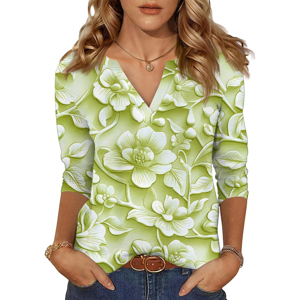 Women's Casual Fashion Sexy Comfortable V-Neck Floral Seven Sleeve Top