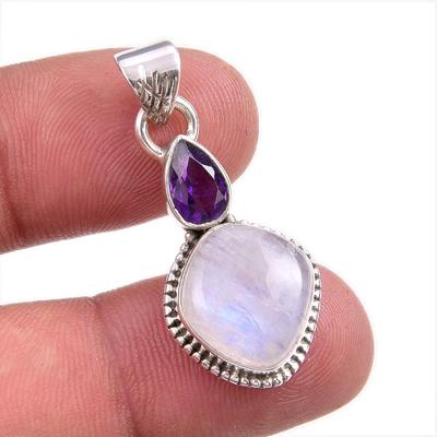 Natural Rainbow Moonstone, Amethyst Gemstone 925 Solid Silver Pendant 1.50" N9G37
