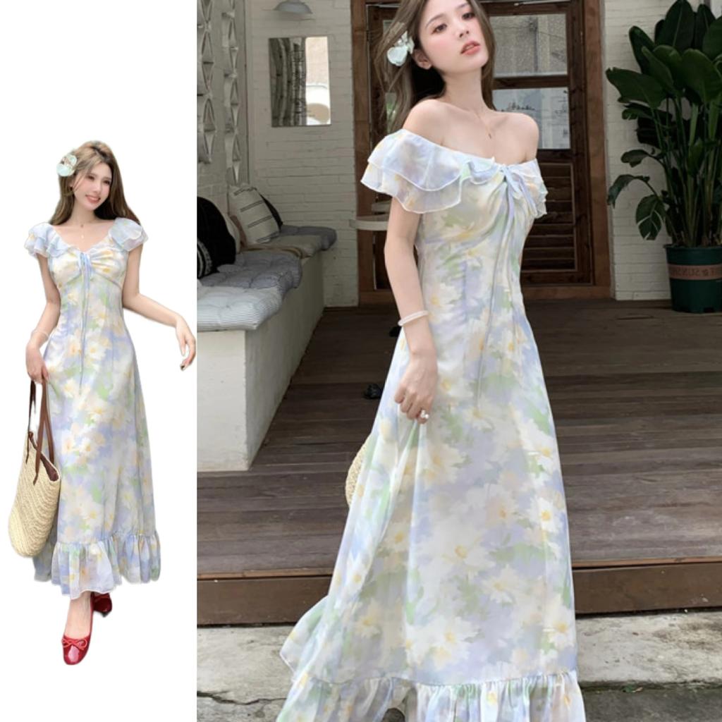 2026 French small flying sleeves floral chiffon dress women's summer gentle vacation temperament waist a-word skirt long dress