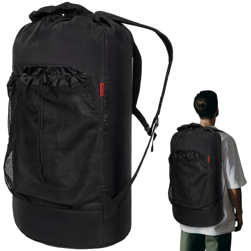 

WELIDAY Laundry Bag Backpack with Adjustable Shoulder Straps, Drawstring, Mesh Pocket, Durable Nylon Backpack, Black, Medium, Everyday Use