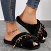 Fashion Fashion Tassel Decor Fur Slippers for Women Open Toe Cross Strap Plush Home Slippers Woman Autumn Winter Cozy Warm Fluffy Slides