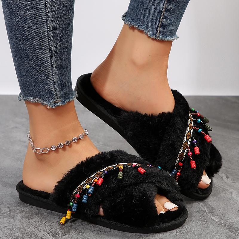 Fashion Fashion Tassel Decor Fur Slippers for Women Open Toe Cross Strap Plush Home Slippers Woman Autumn Winter Cozy Warm Fluffy Slides