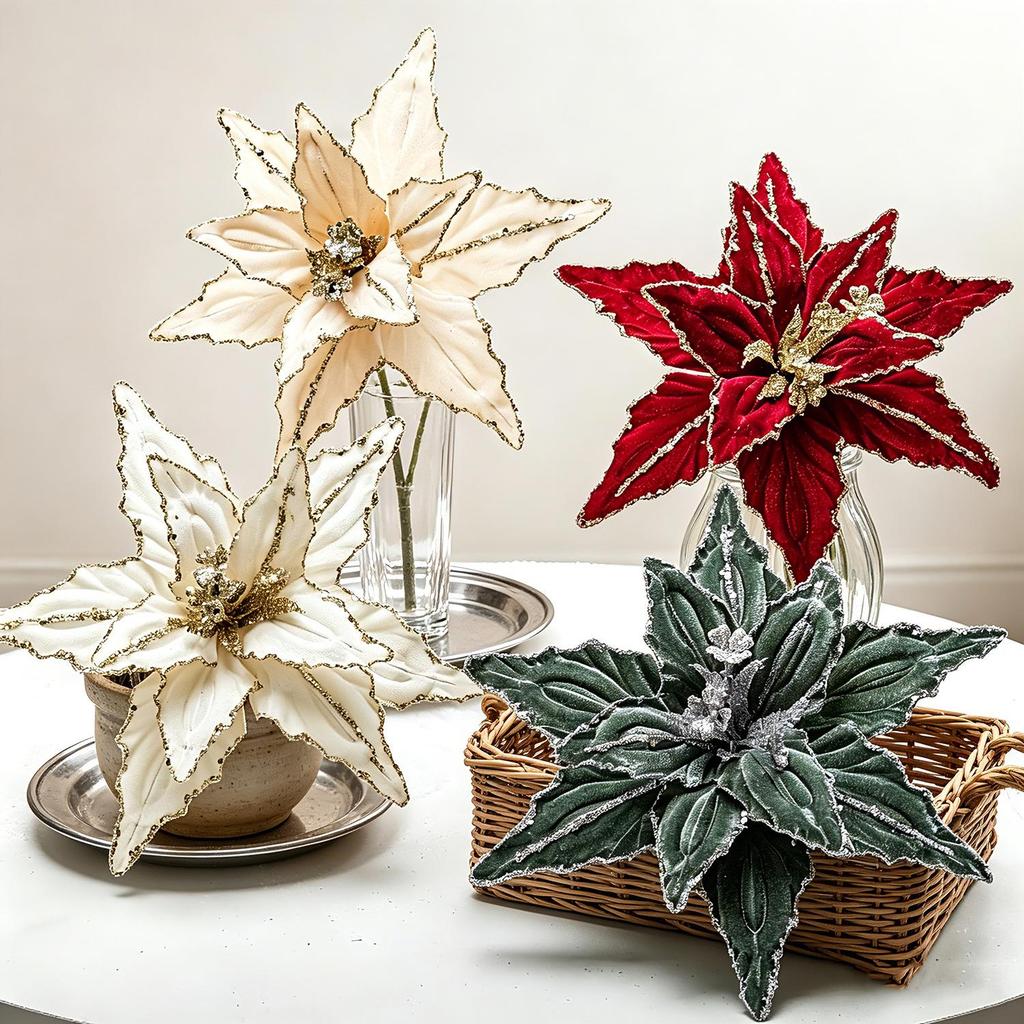Hochwertige 26CM Weihnachtsblumen-Dekoration: Rot Gold Pailletten Samt Künstliche Blume Aufkleber