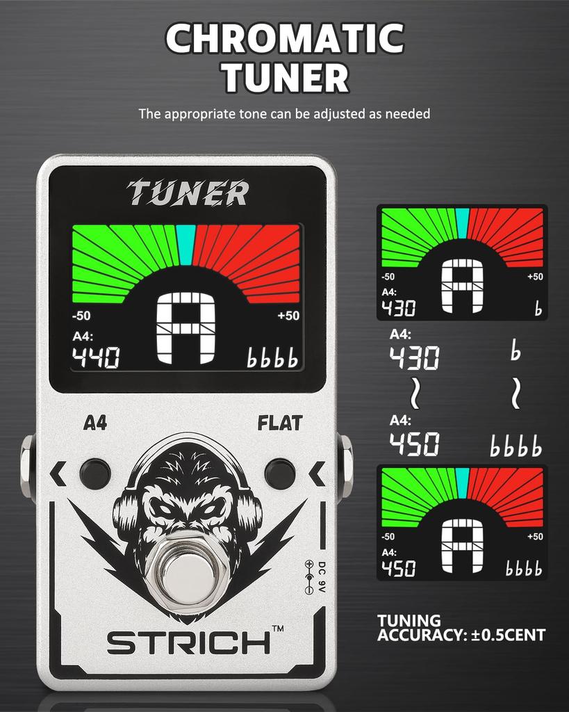 STRICH Tuner Guitar Pedal with Precision Chromatic Drop Tuning, 430-450Hz, A4 True Bypass, Color Display, for Electric Guitar and Bass