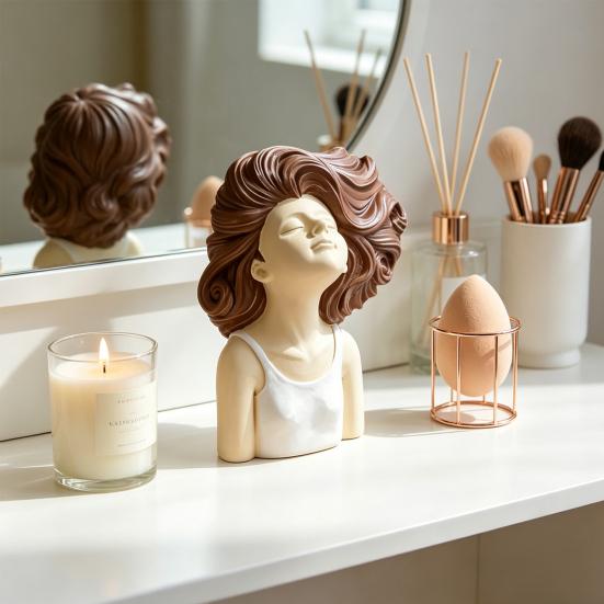 Braunhaariges lockiges Mädchen Header Figur Harzkopf Büste Skulptur für Schlafzimmer Wohnzimmer Heimbüro Schreibtisch Regal Dekoration