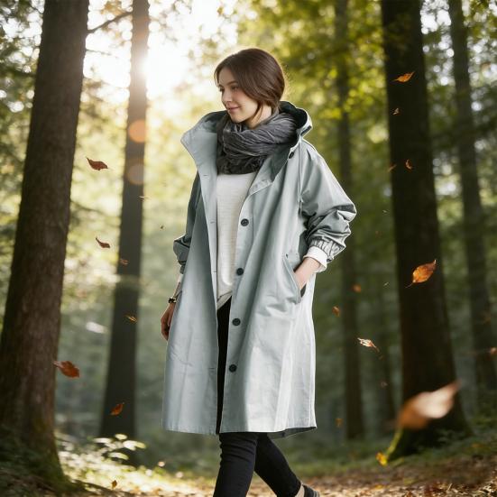 Women's Trench Coat Long Sleeve Cotton Hoodie Jacket Oversized Windbreaker Jacket Loose Fit Fall Outerwear