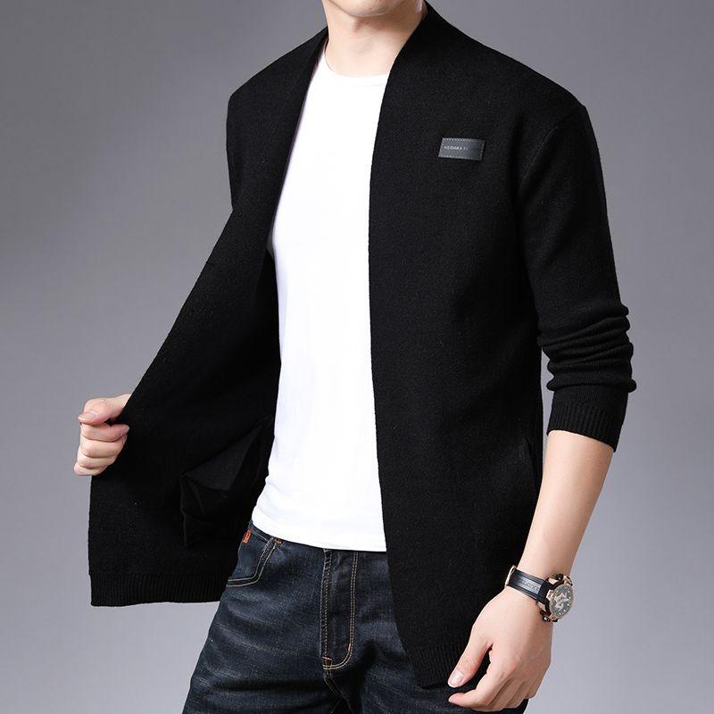 2023 Spring and Autumn Men's V-neck Solid Color Pocket Button Slim Fit Casual Fashion Elegant Commuter Knitted Shirt Coat