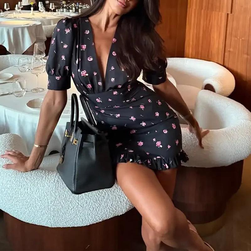 Floral Print Women's Casual Dress V-neck Puff Sleeve Waistband Ruffle Hem Female Mini Dresses Summer Party Vacation Gown