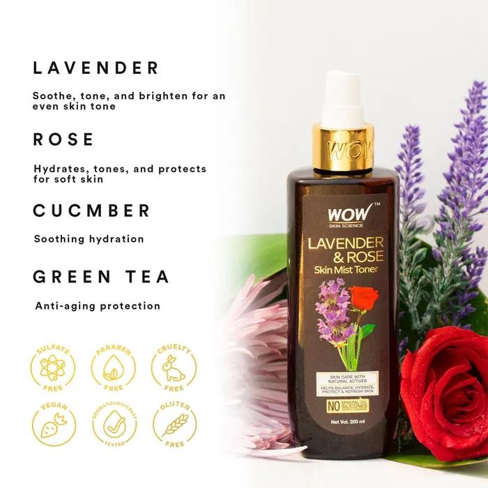 Wow Skin Science Lavendel & Rose Hautnebel-Toner ohne Parabene und Sulfate, 200 ml