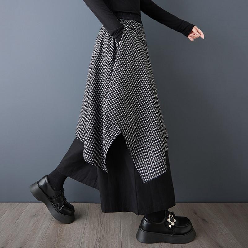 Black plus size vintage plaid Spring Autumn High Waist wide leg Skirt Pants Women Loose Casual Trousers