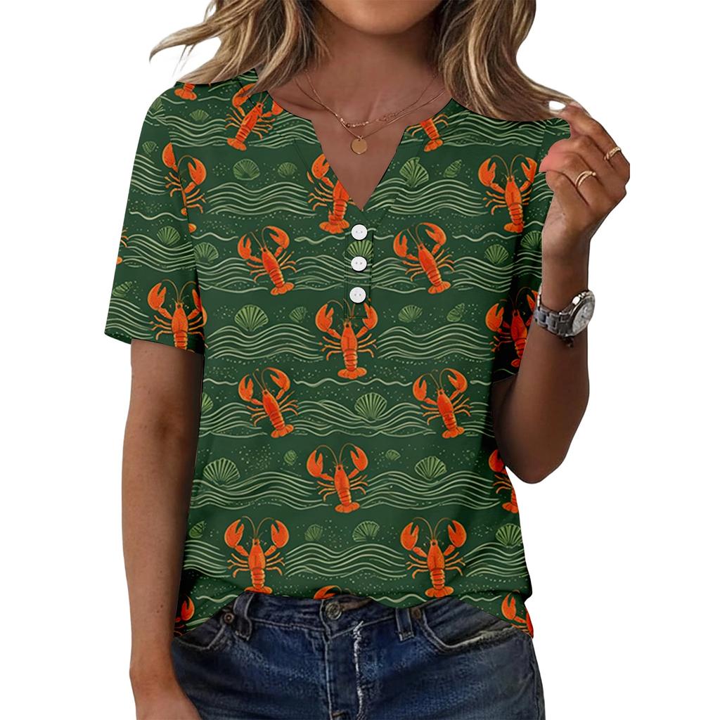 Women's Casual V Neck Short Sleeve Button T Shirt Lobster Print Lightweight Summer Top for Everyday Wear