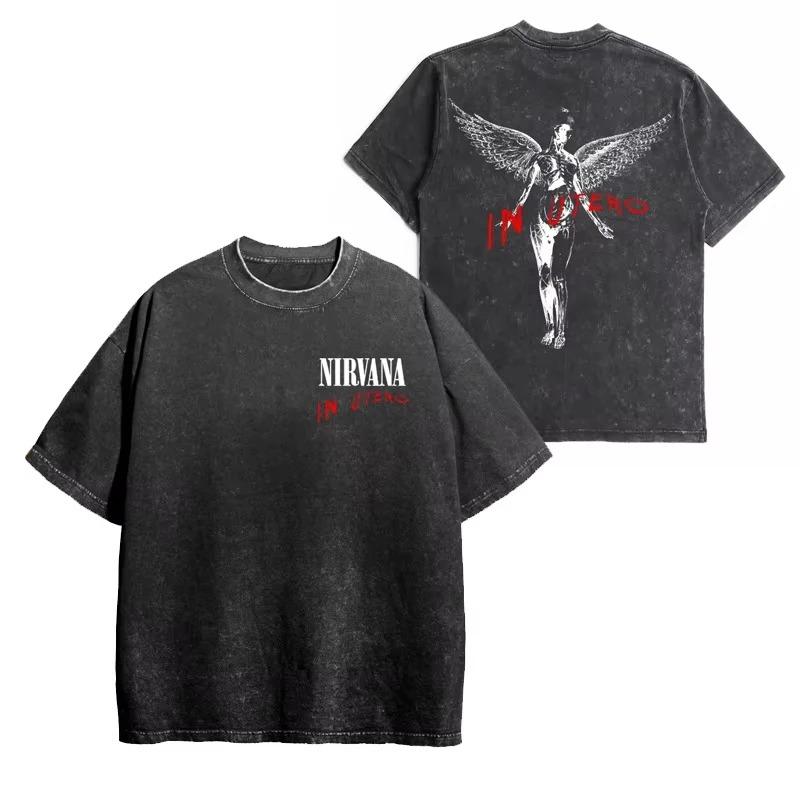 Nirvana Rock Band Men's Retro Cotton Washed Tee In Utero Album Man Women's Oversized Y2K Distress Tshirt Casual Loose Streetwear
