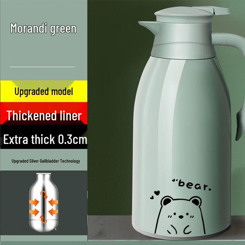 Ting Le 1L Glass Lined Insulated Thermos with Morandi Green Bear Design
