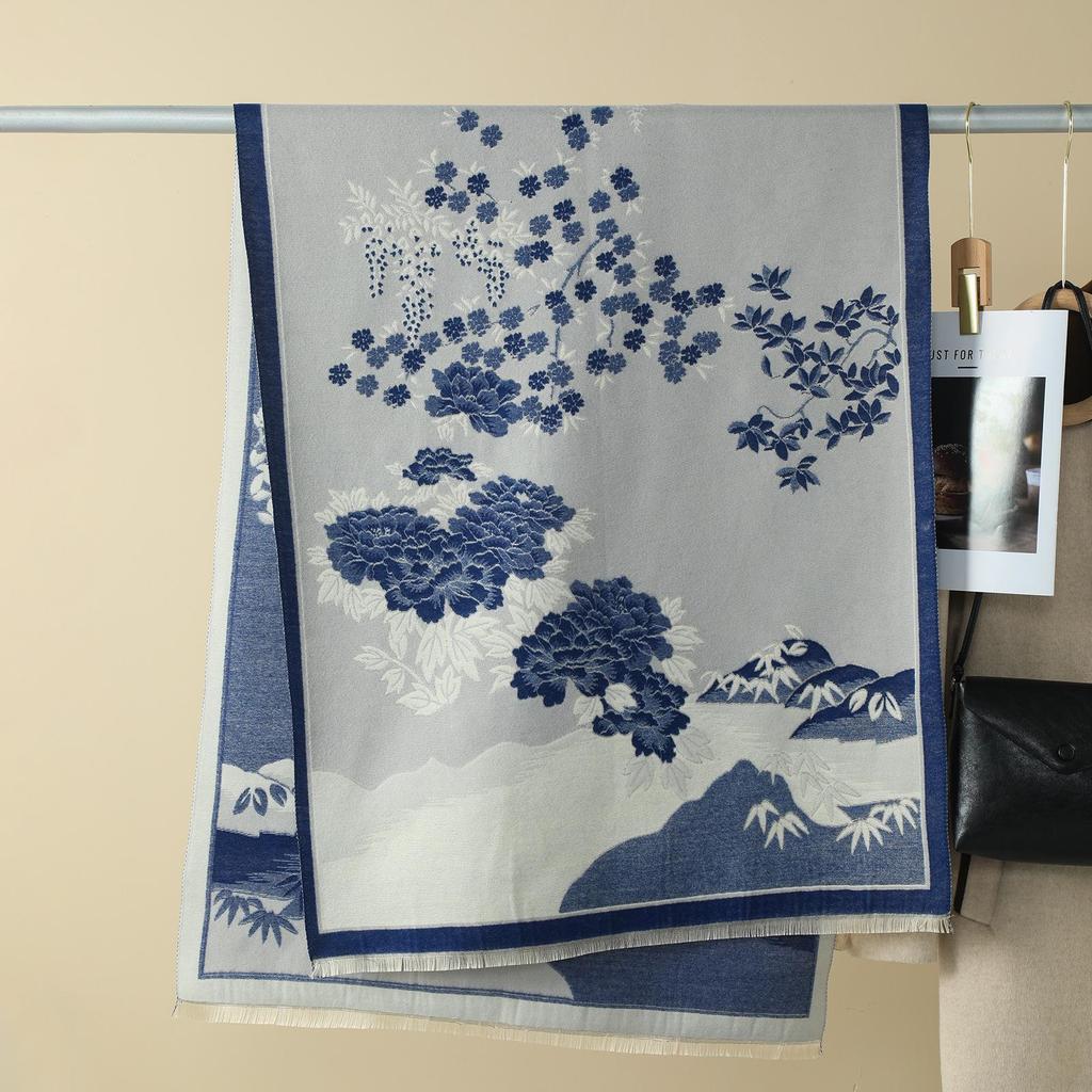 Double-Sided Women's Winter Ink Painting Snood: Imitation Cashmere Scarf for Air-Conditioned Rooms.