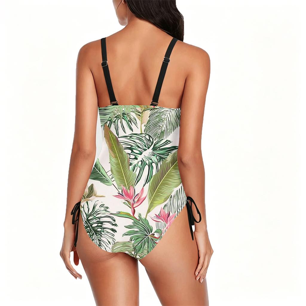 Women's Swimsuit with Tropical Leaf and Floral Print Adjustable Side Drawstring Scoop Neck Bathing Suit