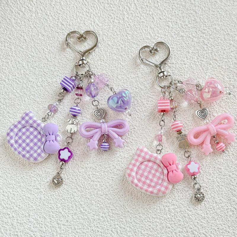 Bow Bead Keychain Cat Head Charm Pendant Keyring Jewelry For Girl Women Gift Bag Decoration Mobile Phone Pendant