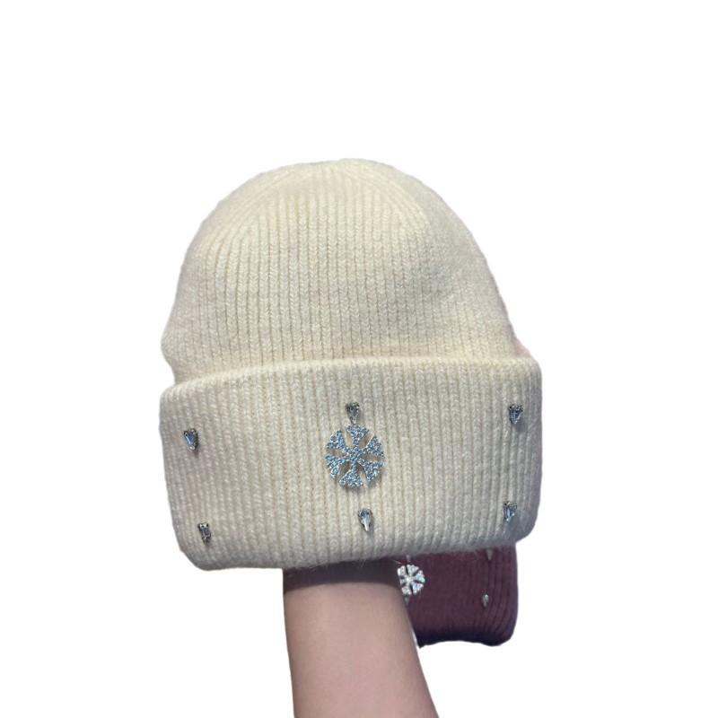 Winter Warm Knit Hat Rabbit Fur Faux Snowflake Rhinestone Earflap Beanie Fashionable Soft