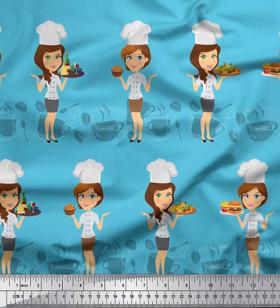 

Японська креп-атласна тканина Soimoi Cook Girl Тканина для рукоділля з принтом на метри 42 дюйма 42 Inch Wide - Poly Crepe синій