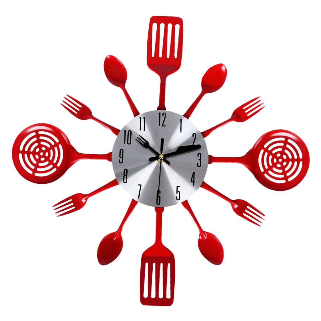 3D Wall Clock Kitchen Stainless Steel Fork Knife Clock Decorative Red