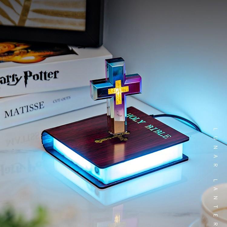 Magnetic Levitating Cross Night Light Book Base Color Changing LED Floating Lamp Desktop Decor