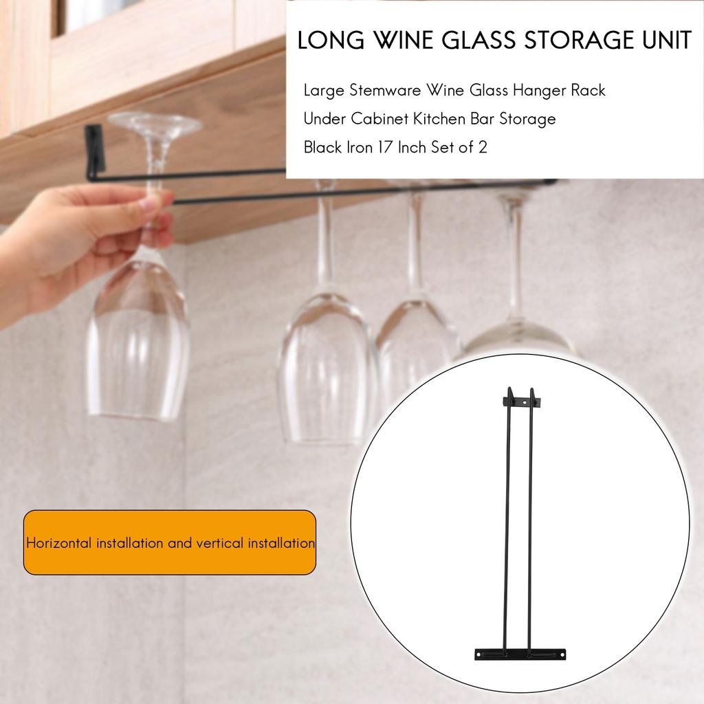 J1UL1N Large Stemware Wine Glass Hanger Rack Under Cabinet Kitchen Bar Storage Black Iron 17 Inch Set Of 2