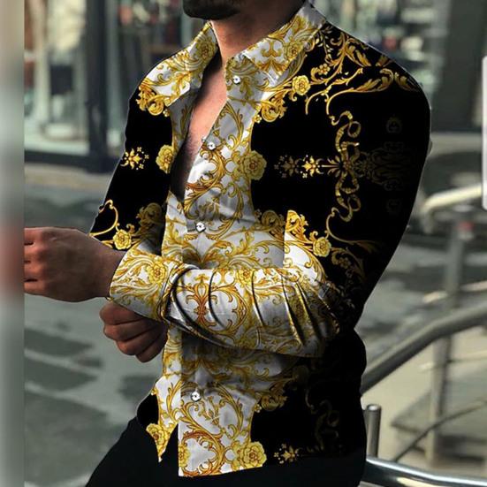 Men Shirt Long Sleeves Button Lapel Cardigan Single-breasted Warm Slim Fit Casual Flower Print Autumn Top for Dating